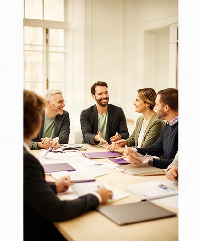 Equipo de consultoría conversando con responsables de una pyme alrededor de una mesa de trabajo